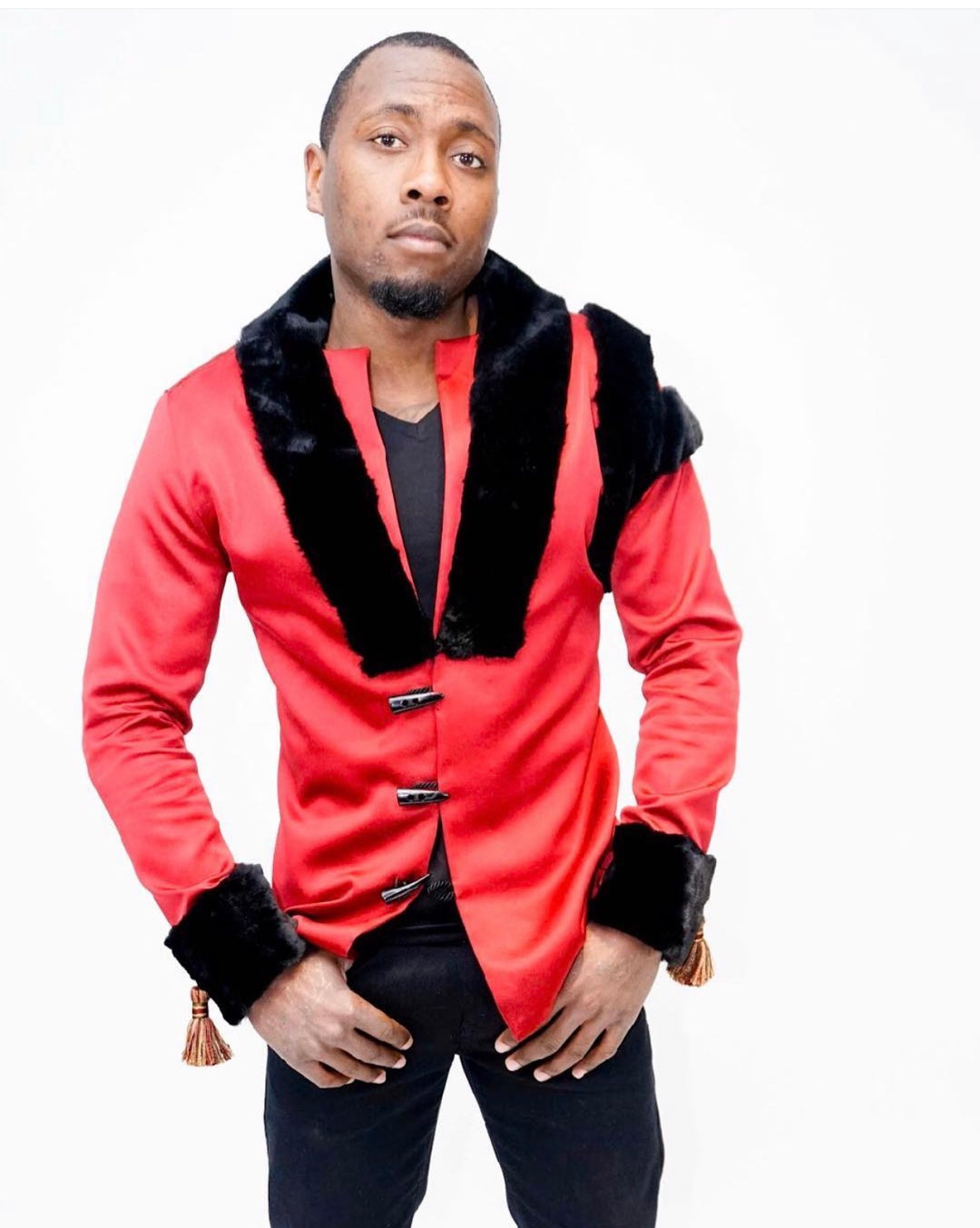 Man wearing Majesty 22 red and black fur jacket