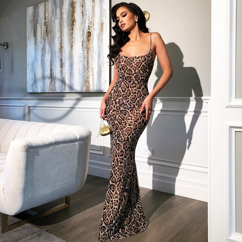 Sexy Leopard Backless Long Maxi Dress