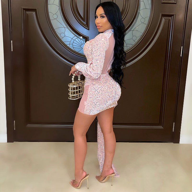 Autumn and Winter Women's Half Turtleneck Mesh Sequin Tight Hip Evening Dress Sexy Dress