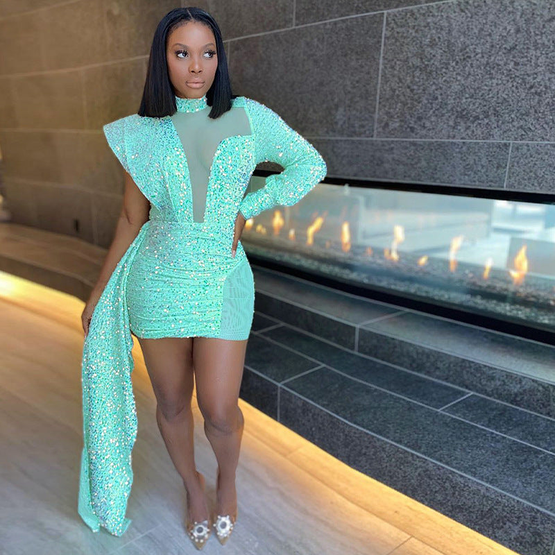 Autumn and Winter Women's Half Turtleneck Mesh Sequin Tight Hip Evening Dress Sexy Dress