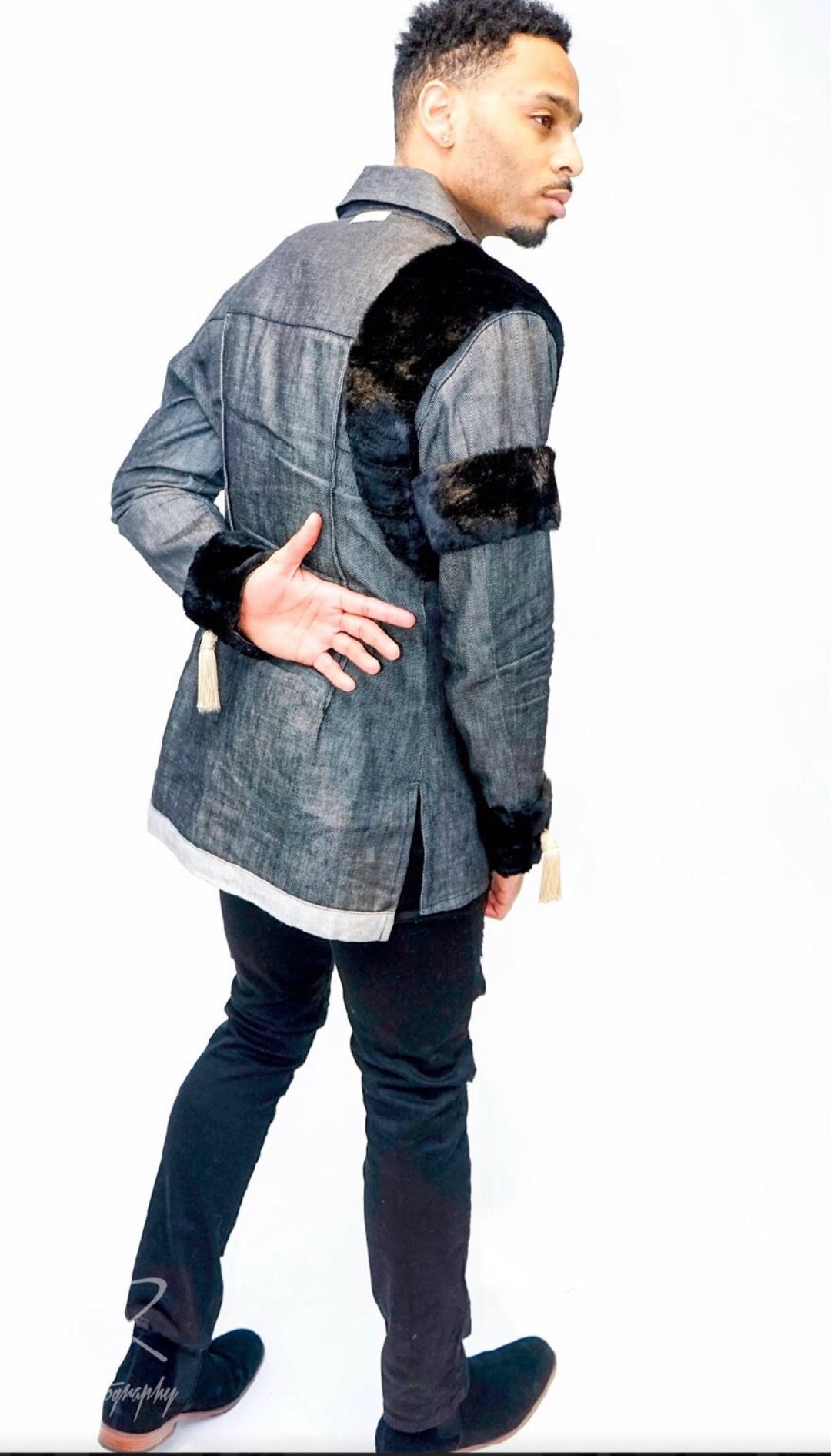Man wearing Majesty 22 denim fur jacket