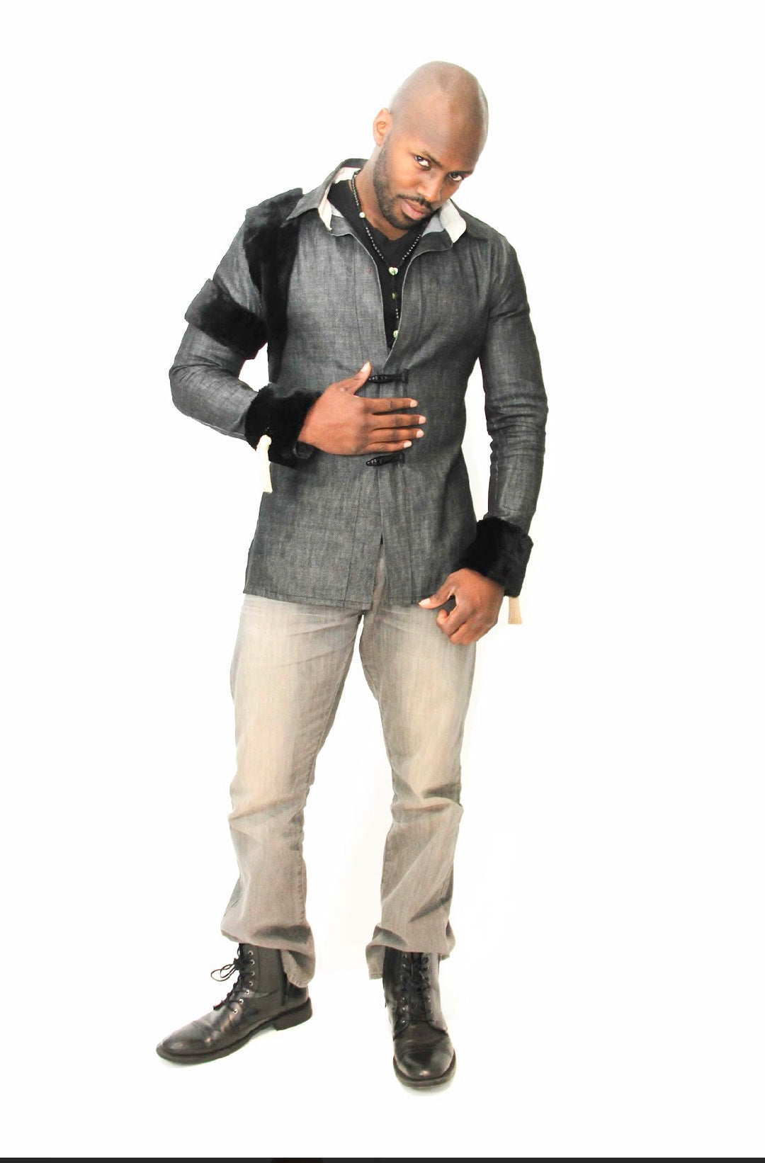 Man wearing Majesty 22 denim fur jacket